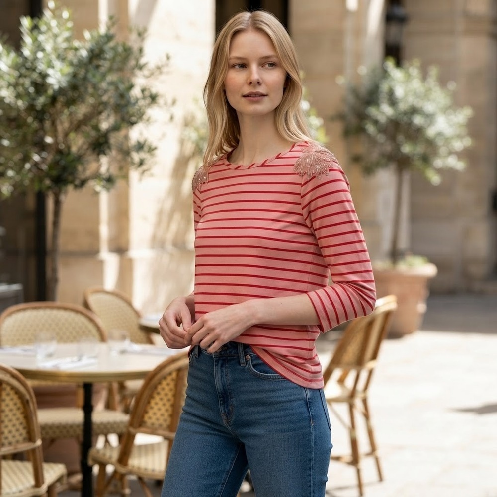 Tuckernuck Pink Red Striped Cotton Top Beaded Shoulder Detail Small